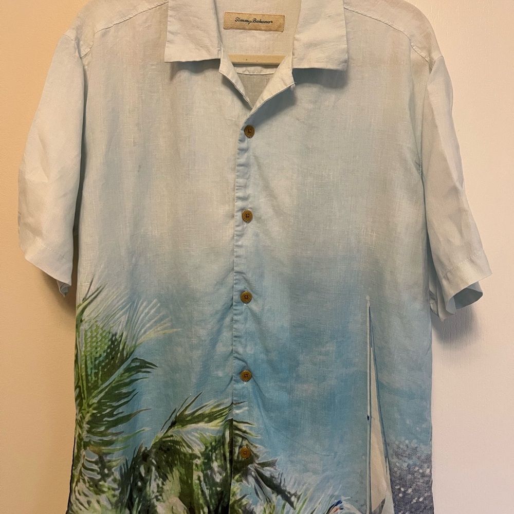 Tommy Bahama Blue Casual Button Down Shirt with Tropical Design